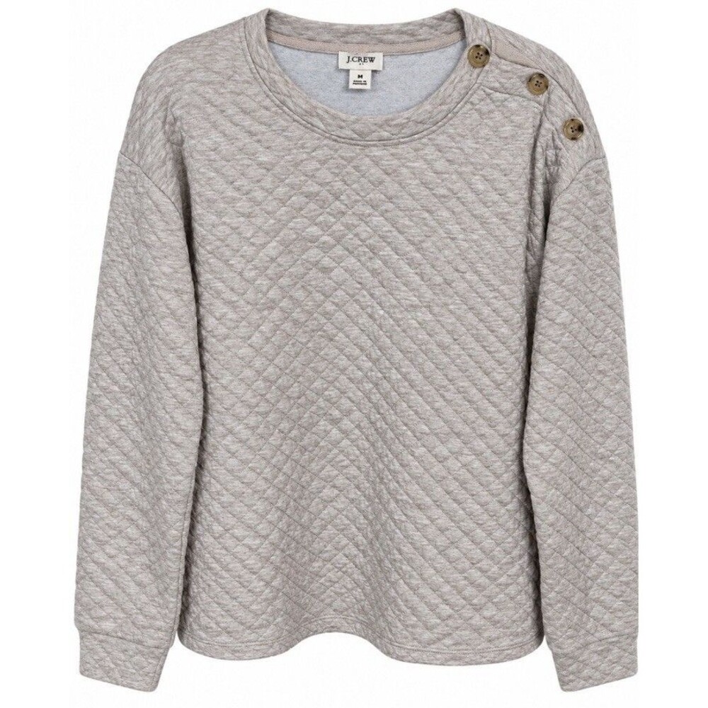 J. Crew Factory Quilted Sweatshirt M Heather Beige Button Shoulder Cozy Chic